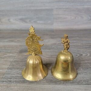 Vintage‎ Brass Bells Lot 2 Gold Tone Angel & Reindeer Ringing Bell Xmas Holiday